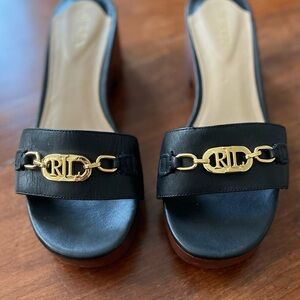 Ralph Lauren Black Mules Sandals with Gold Accent and Wooden Heel Women’s heels